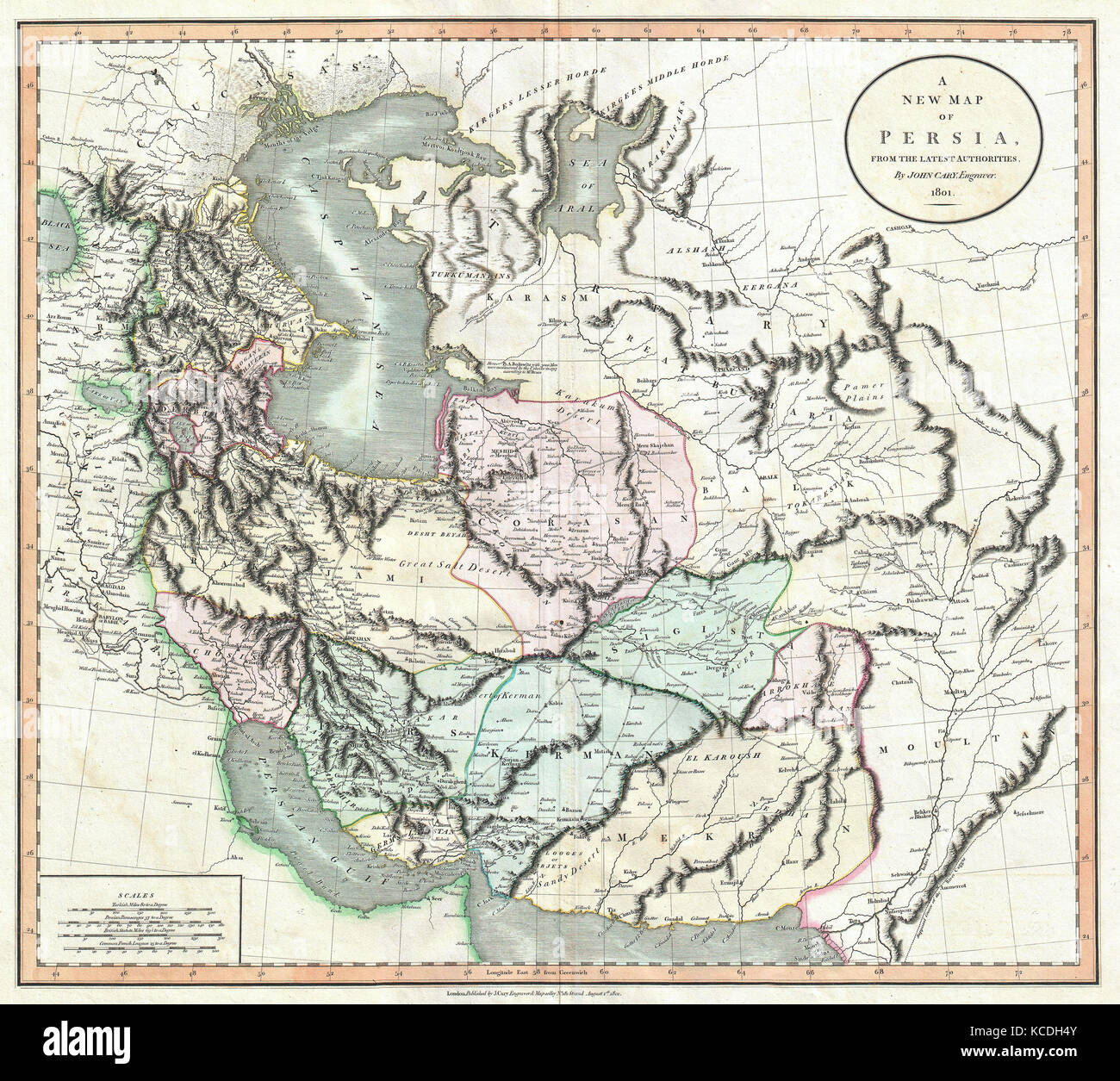 1801, Cary Map of Persia, Iran, Iraq, Afghanistan , John Cary, 1754 – 1835, English cartographer Stock Photo