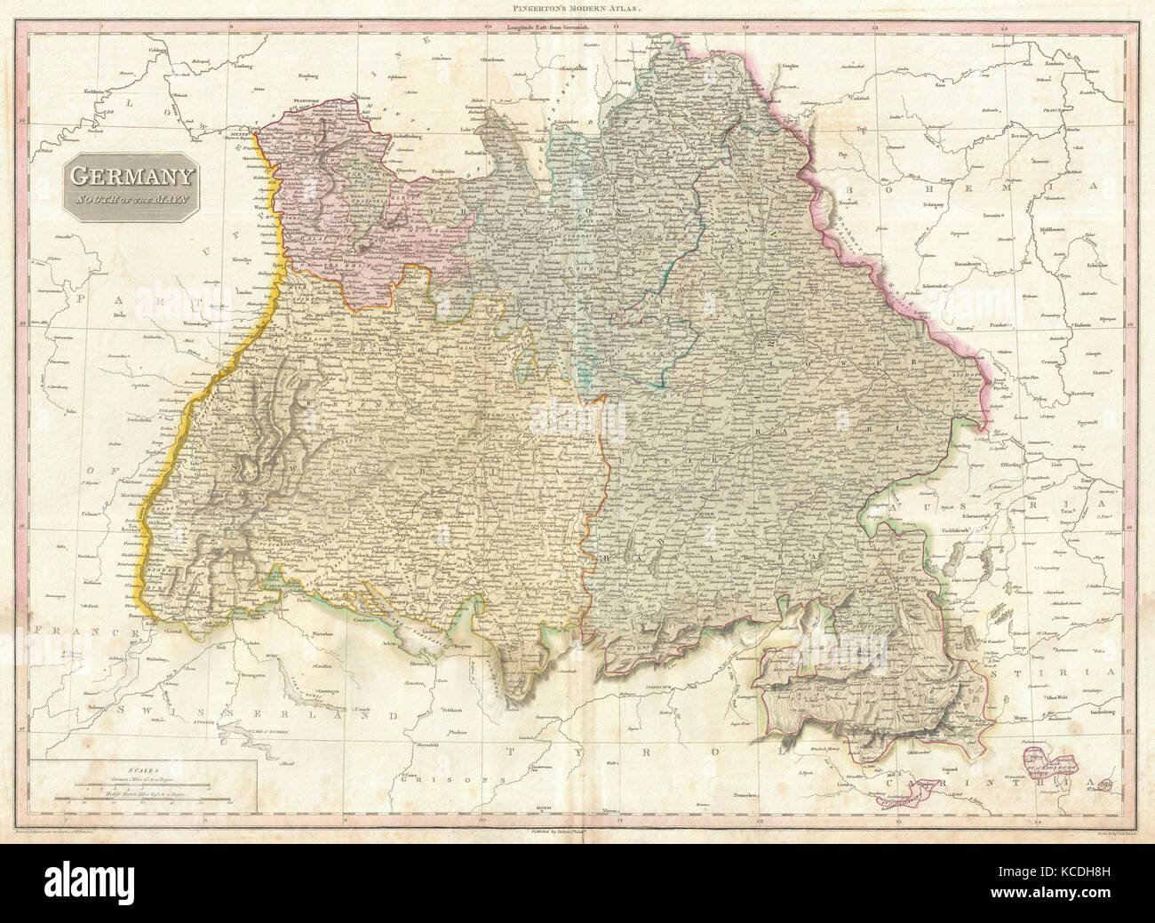 1818, Pinkerton Map of Southwestern Germany, Bavaria, Swabia, John Pinkerton, 1758 – 1826, Scottish antiquarian, cartographer Stock Photo