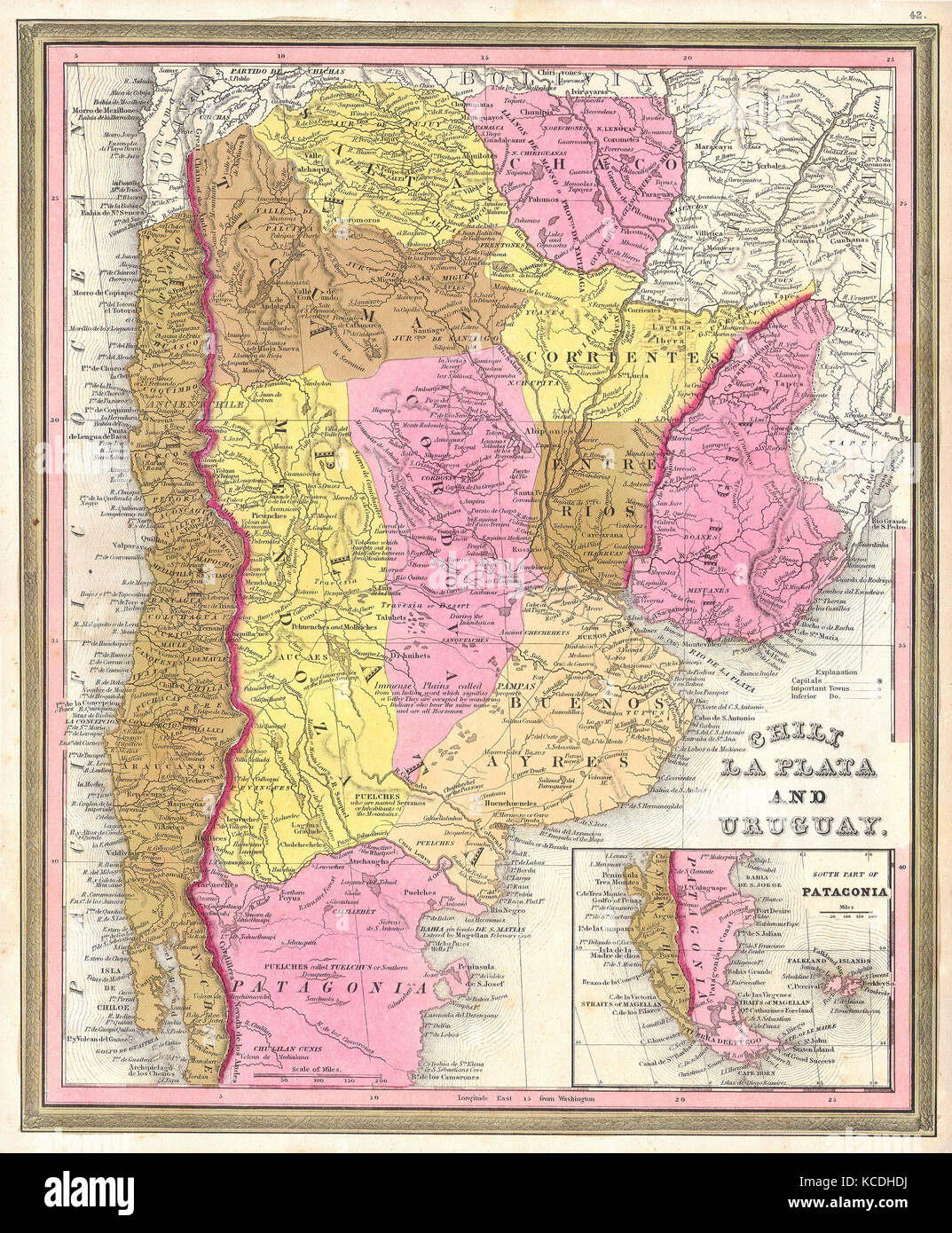 1846, Burroughs, Mitchell Map of Argentina, Uruguay, Chili in South America Stock Photo
