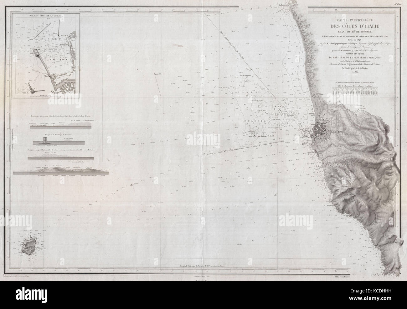 1852, Depot de la Marine Nautical Chart or Map of Livorno, Tuscany, Italy Stock Photo