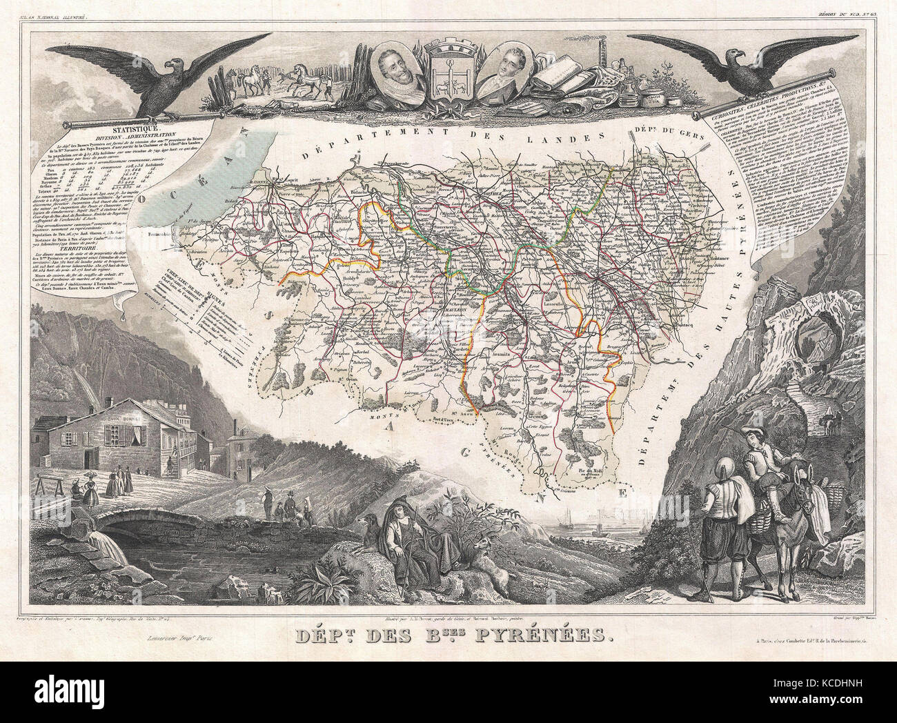 1852, Levasseur Map of the Department Des Basses Pyrenees, France, Jurancon Wine Region Stock Photo