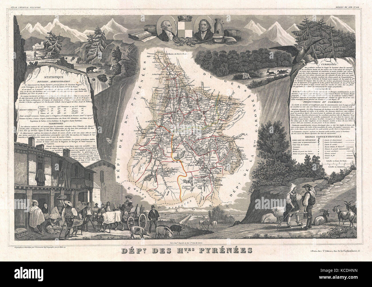 1852, Levasseur Map of the Department Des Hautes Pyrenees, France Stock Photo