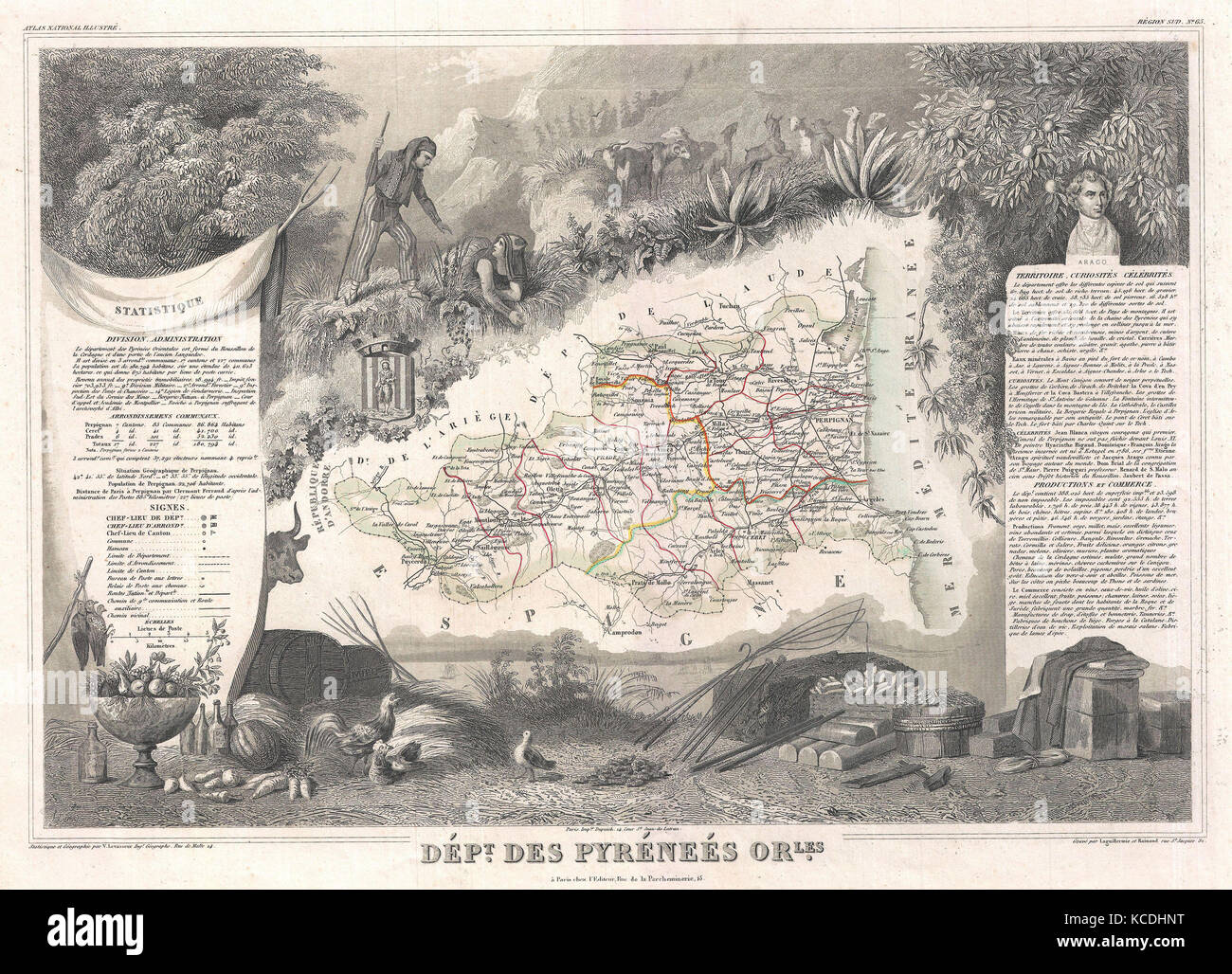 1852, Levasseur Map of the Department Des Pyrenees Orientales, France, Muscat Wine Region Stock Photo