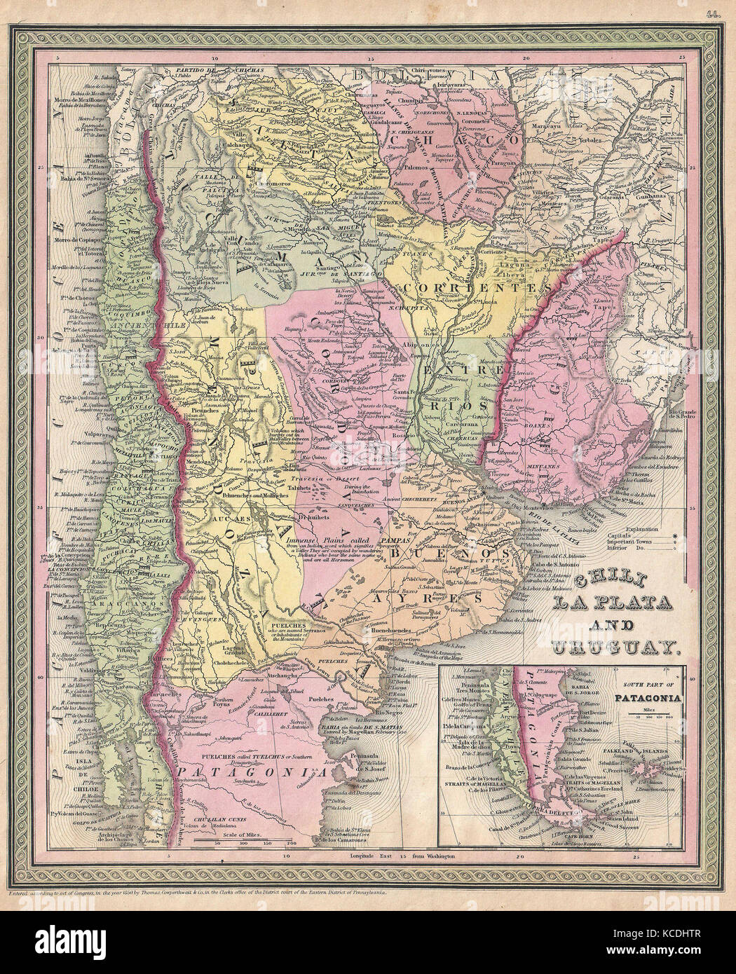 1853, Mitchell Map of Argentina, La Plata , Uruguay and Chili Stock Photo