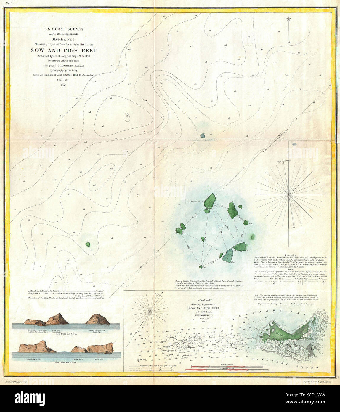 1853, U.S. Coast Survey Map or Chart of Sow and Pigs Reef off Marthas Vineyard, Massachussetts Stock Photo