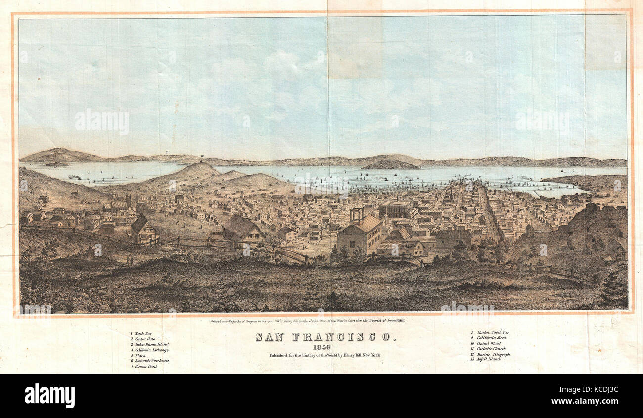 1856, Henry Bill Map and View of San Francisco, California Stock Photo