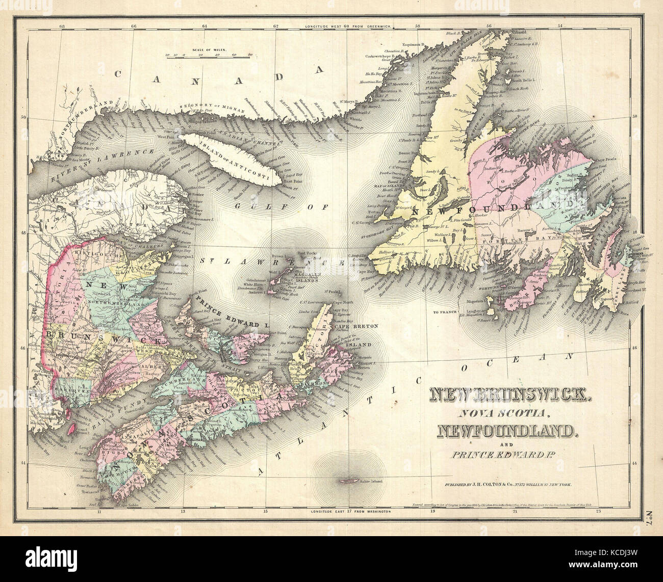 1857, Colton Map of New Brunswick and Newfoundland, Canada Stock Photo