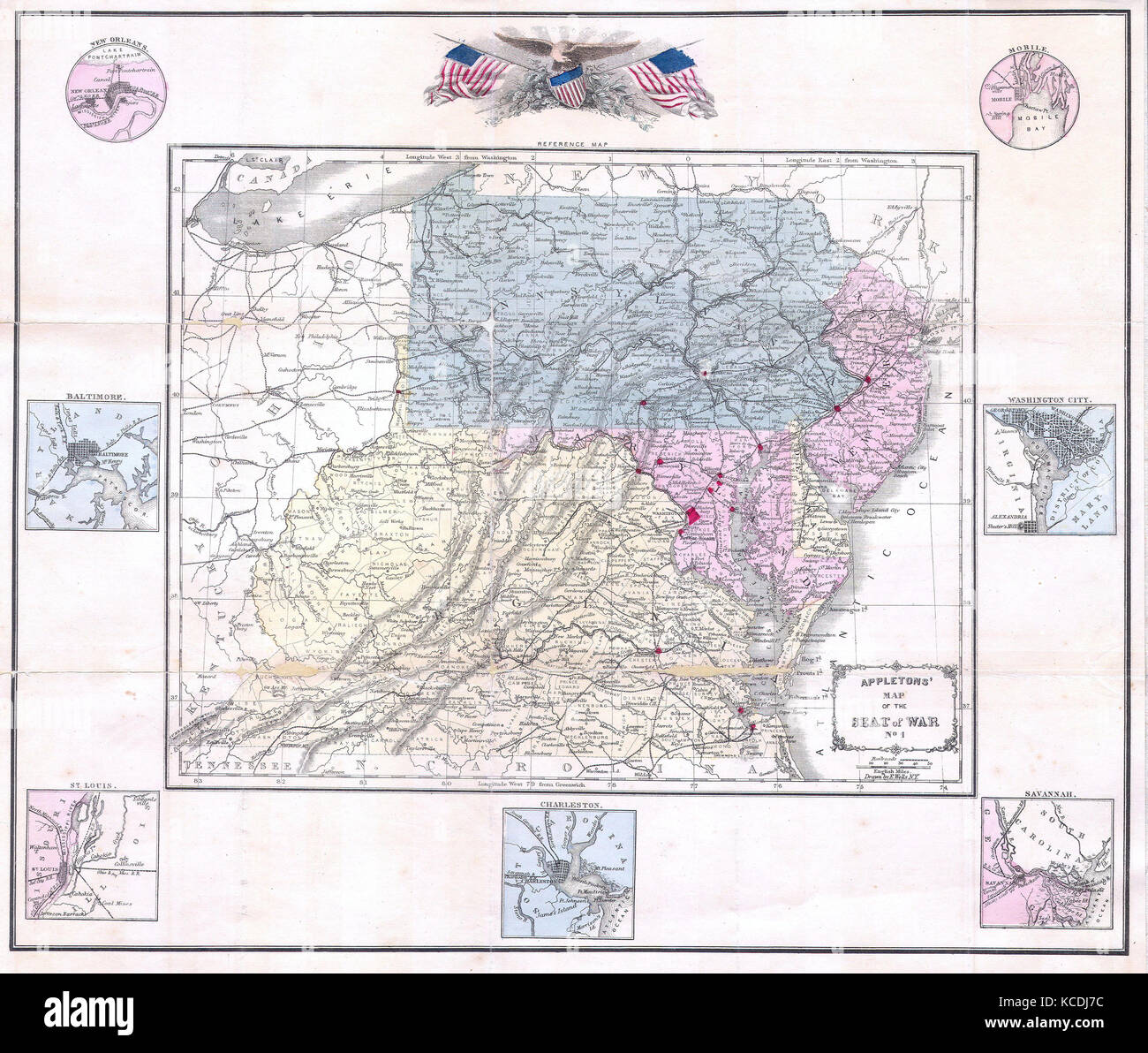 1861, Appleton's Map of the Seat of the Civil War, Pennsylvania, Virginia, Maryland, North Carolina Stock Photo