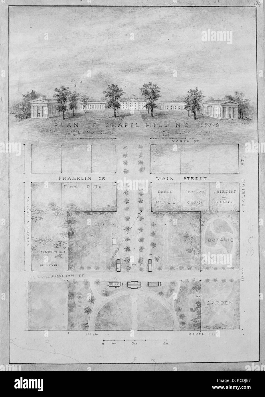 University of North Carolina, Chapel Hill (distant perspective and plan of grounds), Alexander Jackson Davis, 1850–58 Stock Photo