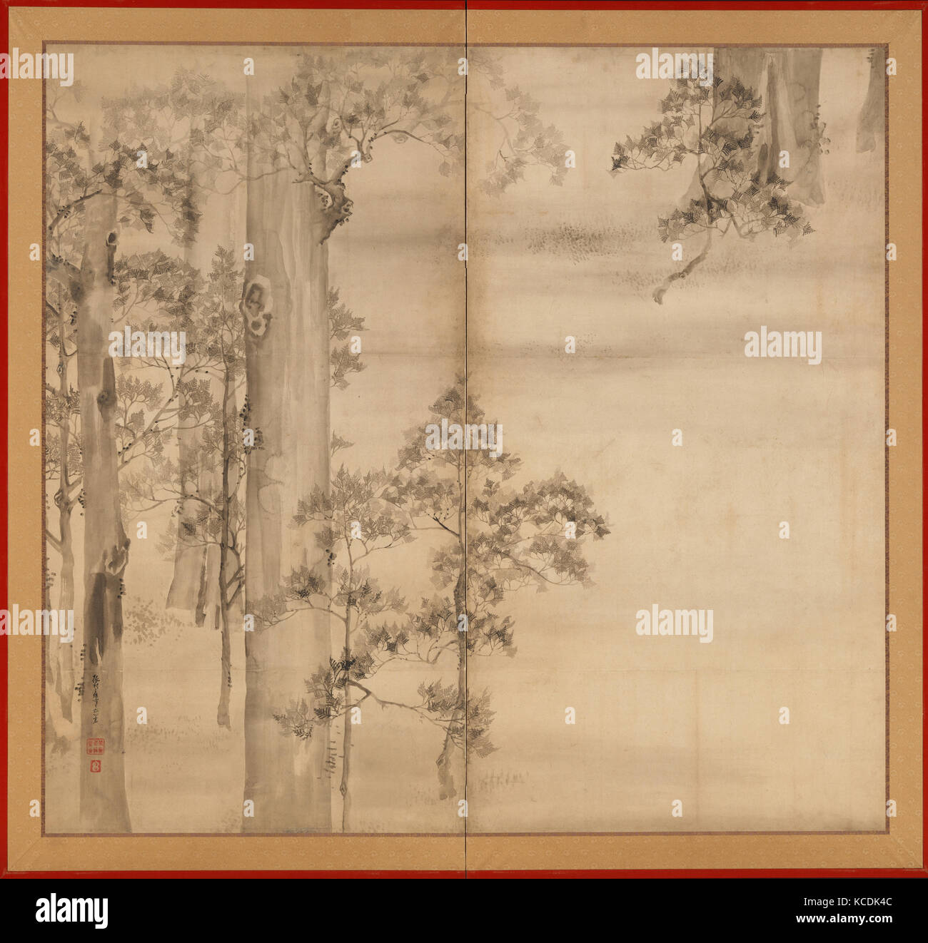 Cypresses, Edo period (1615–1868), mid-19th century, Japan, Two-panel folding screen; ink on paper, Image: 59 5/16 x 63 1/16 in Stock Photo