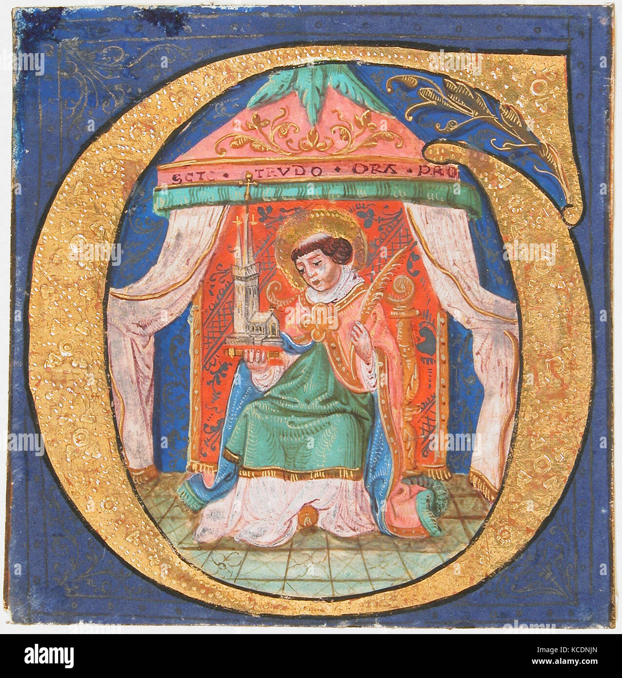 Manuscript Illumination with Saint Trudo (Trond) in an Initial O, from a Choir Book, 15th century Stock Photo