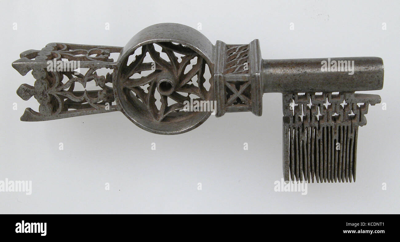 Key, 16th century, French, Iron, Overall: 3 3/8 x 1 7/16 x 1 in. (8.5 x 3.7 x 2.5 cm), Metalwork-Iron, The decoration of Gothic Stock Photo