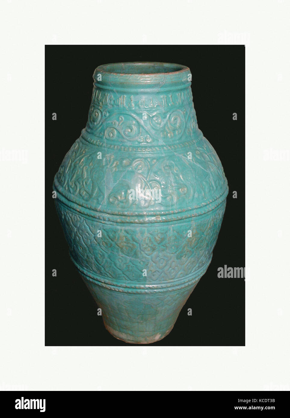Large Turquoise Jar, 12th–13th century, Made in Iran, Earthenware; molded and glazed, H. 31 1/2 in. (80 cm), Ceramics, This Stock Photo
