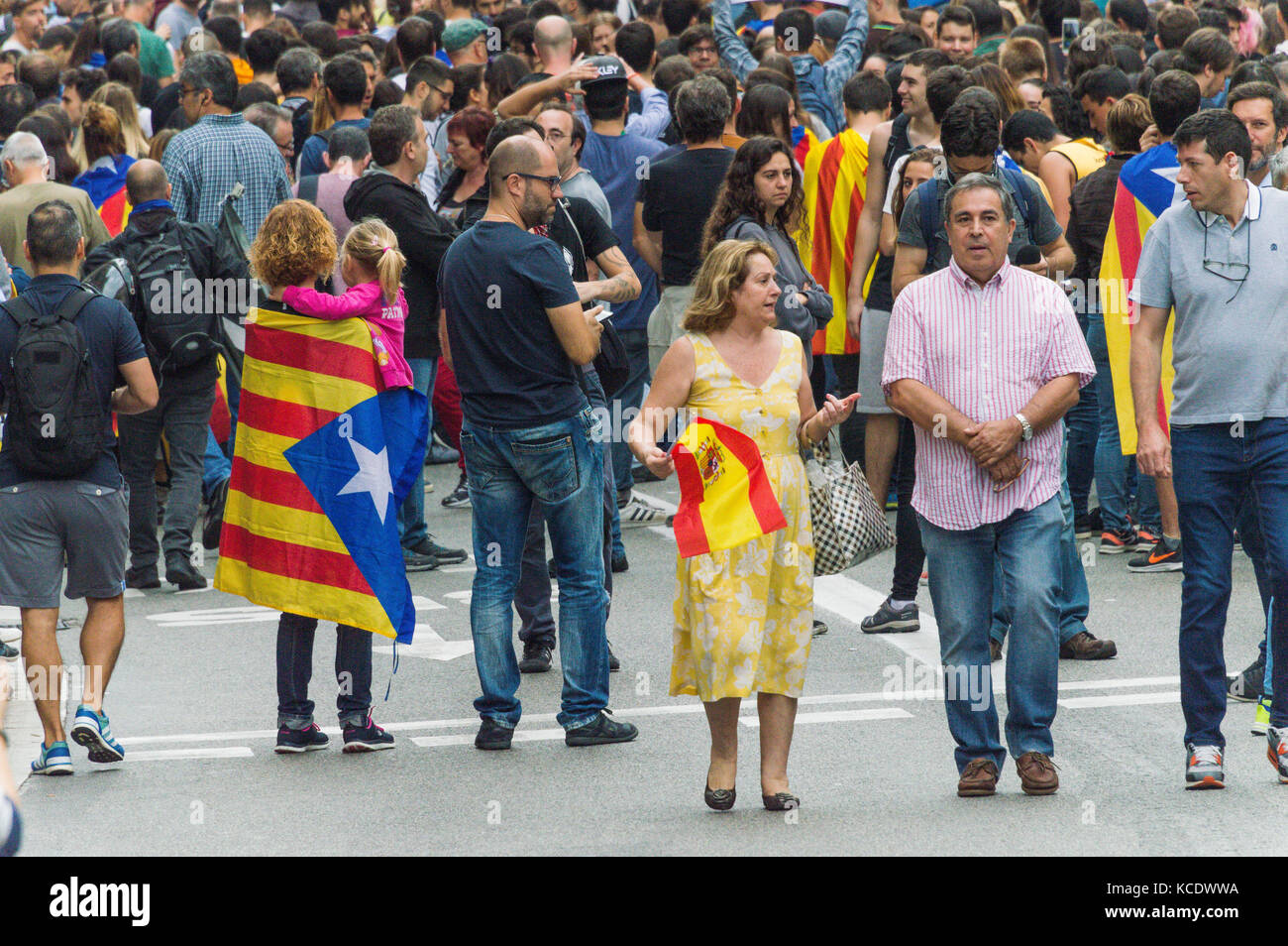 Spain, Barcelona 03 October - 2017 Pacific protest against the law enforcement violence during the referendum of Indipendence of Catalonia. Stock Photo