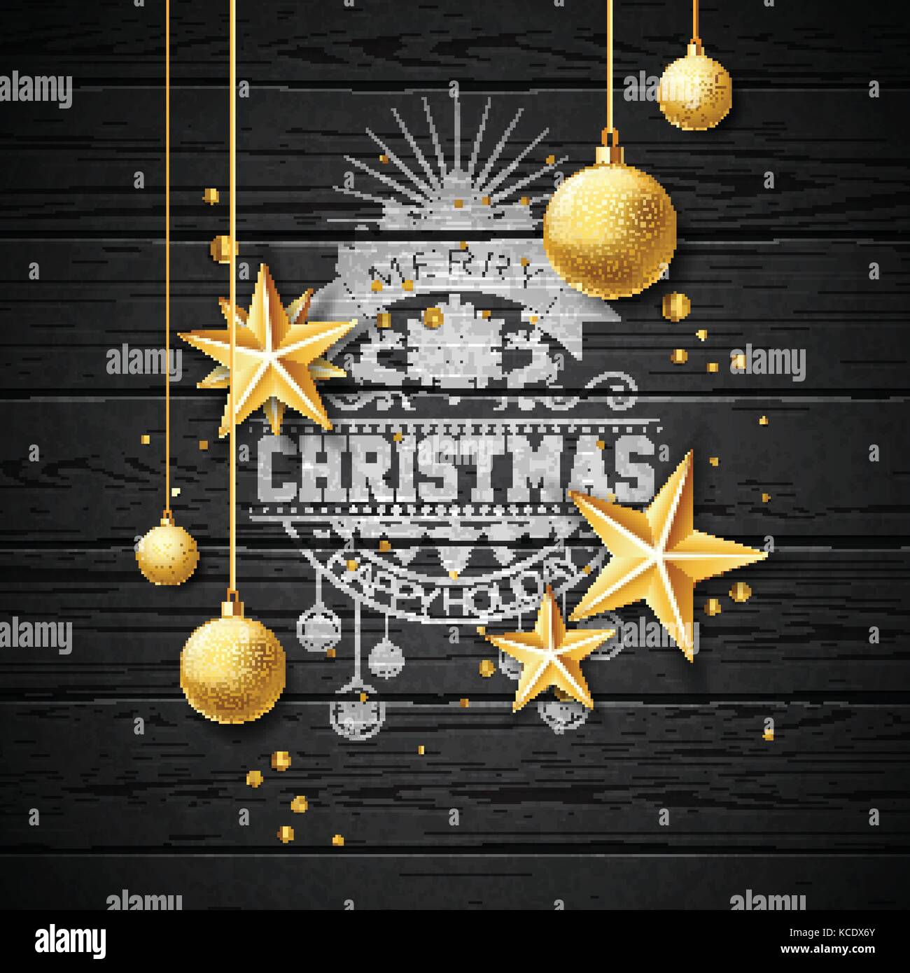 Vector Merry Christmas Illustration on vintage wood Background with ...