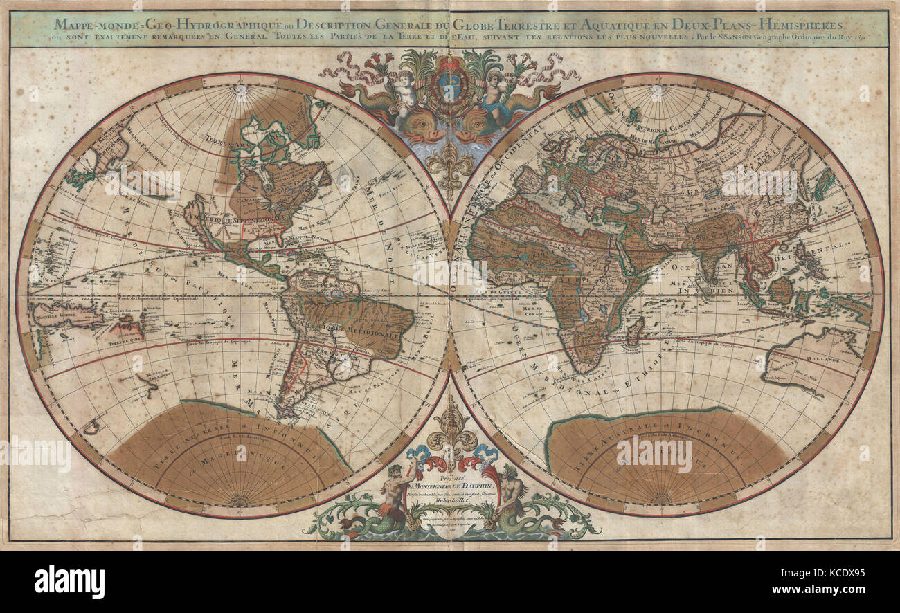 1691, Sanson Map of the World on Hemisphere Projection Stock Photo Alamy