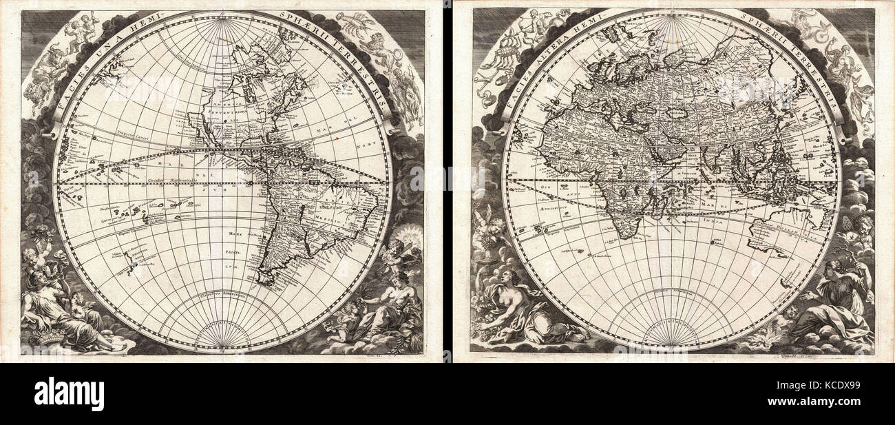 1696, Zahn Map of the World in Two Hemispheres Stock Photo