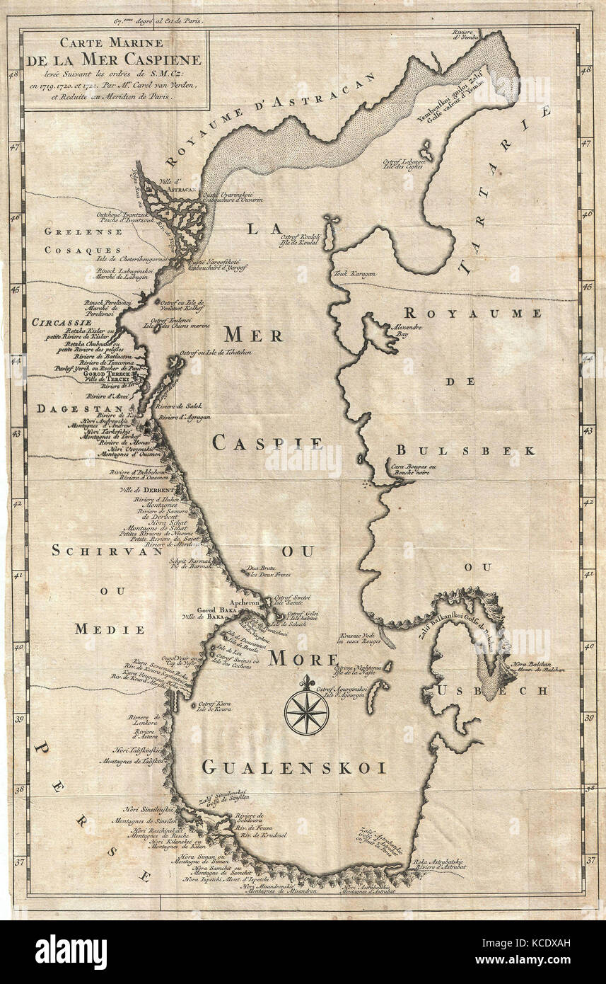 1730, Van Verden Map of the Caspian Sea Stock Photo