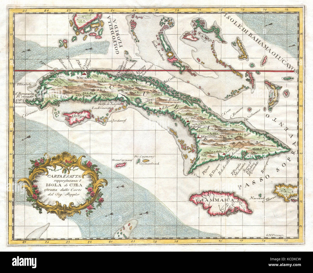 1763, Terreni, Coltellini Map of Cuba and Jamaica Stock Photo