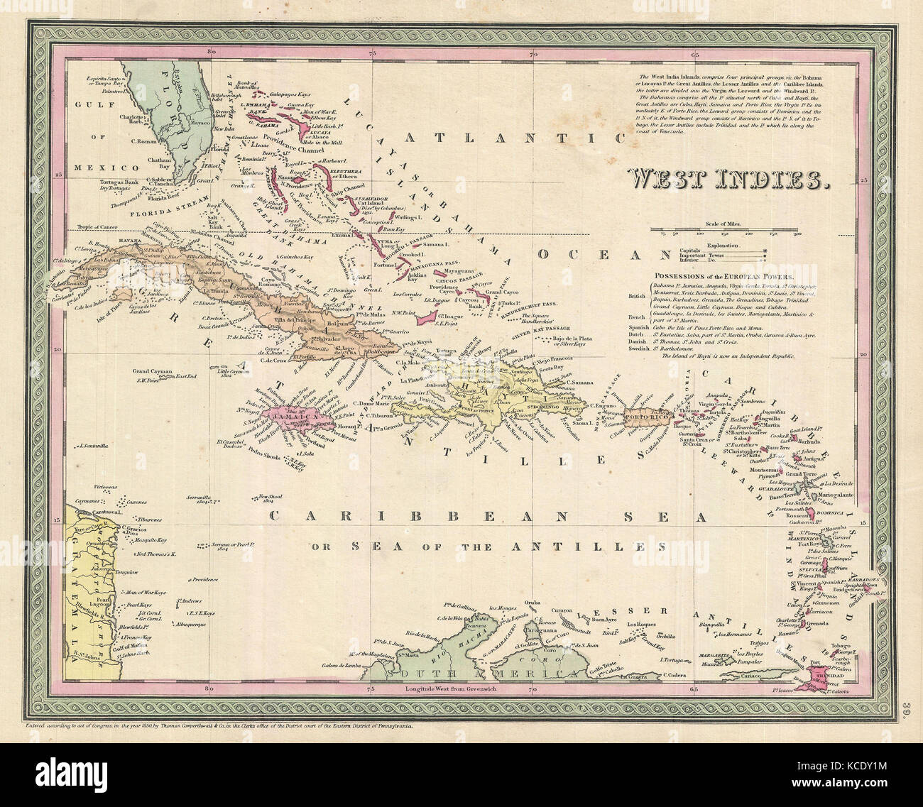 1850, Cowperthwait Map of Cuba and West Indies Stock Photo