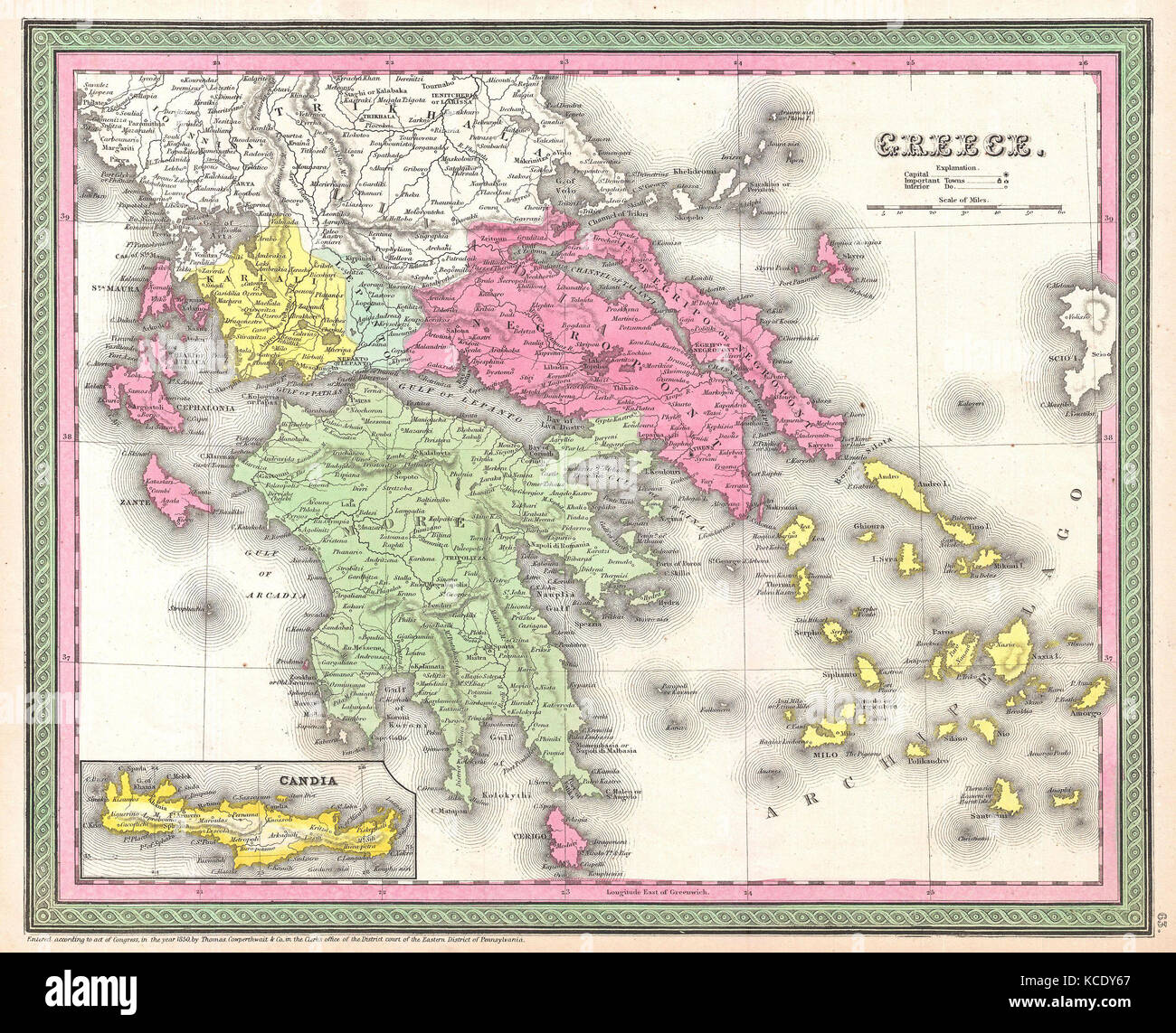 1853, Mitchell Map of Greece Stock Photo