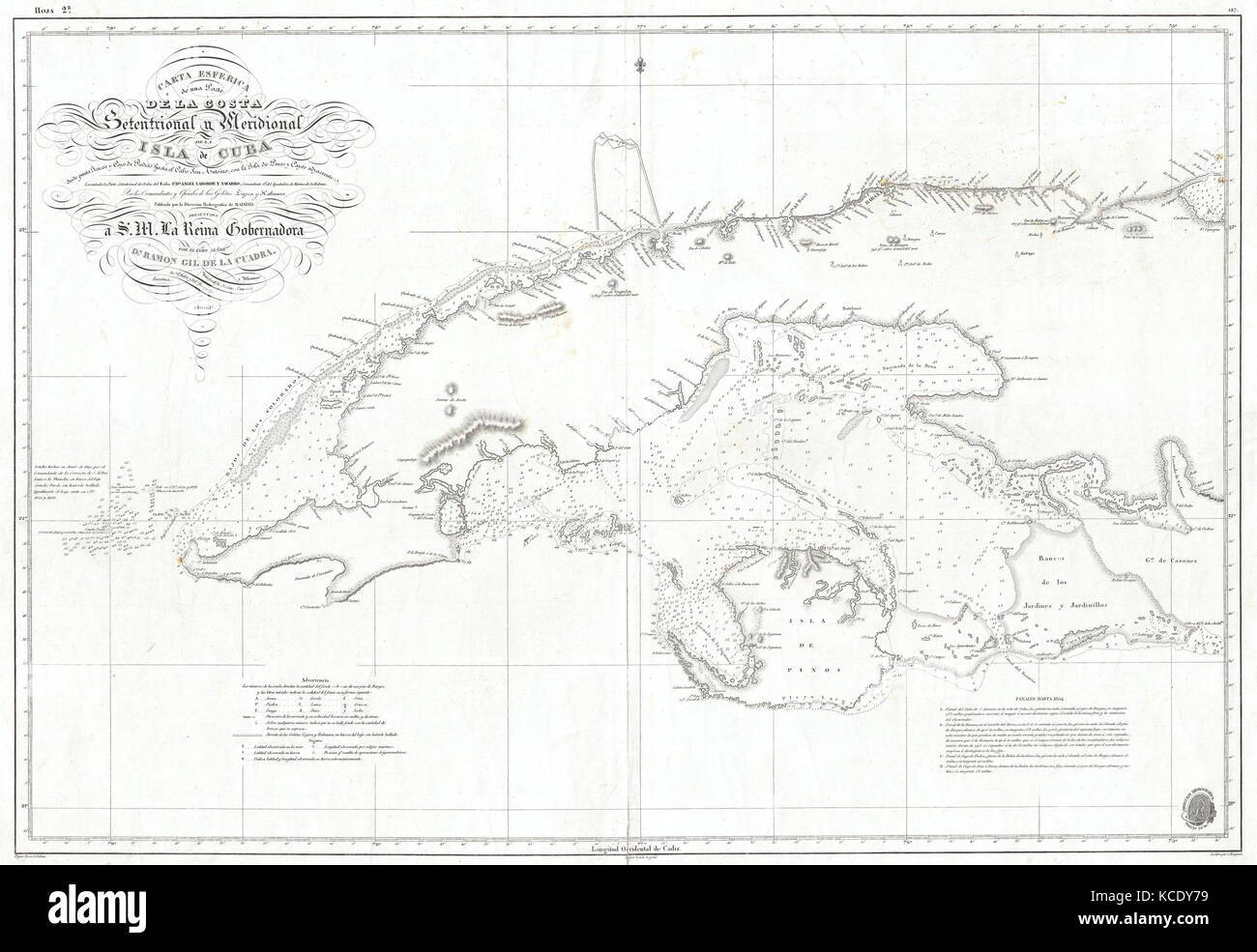1854, Hidrografica Nautical Chart of Map of Cuba Stock Photo