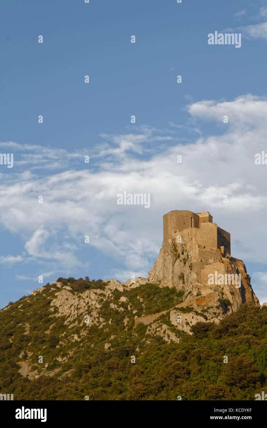CUCUGNAN, FRANCE, May 27, 2016 : Queribus is one of the five castles strategically placed to defend the French border. Cathar castles is a modern term Stock Photo