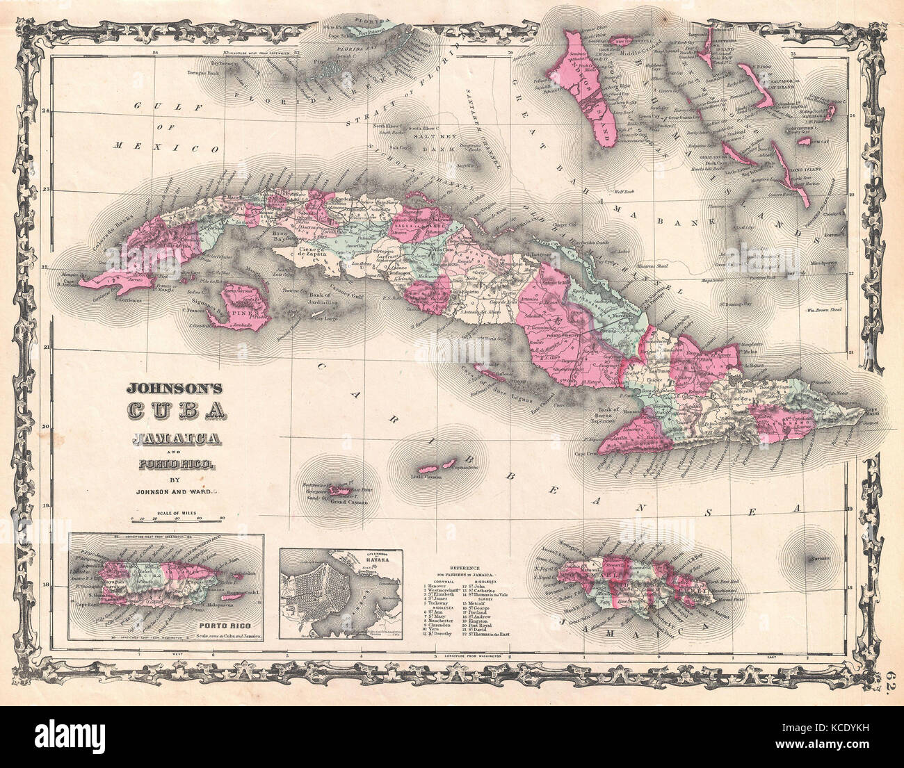 1862, Johnson Map of Cuba and Porto Rico Stock Photo