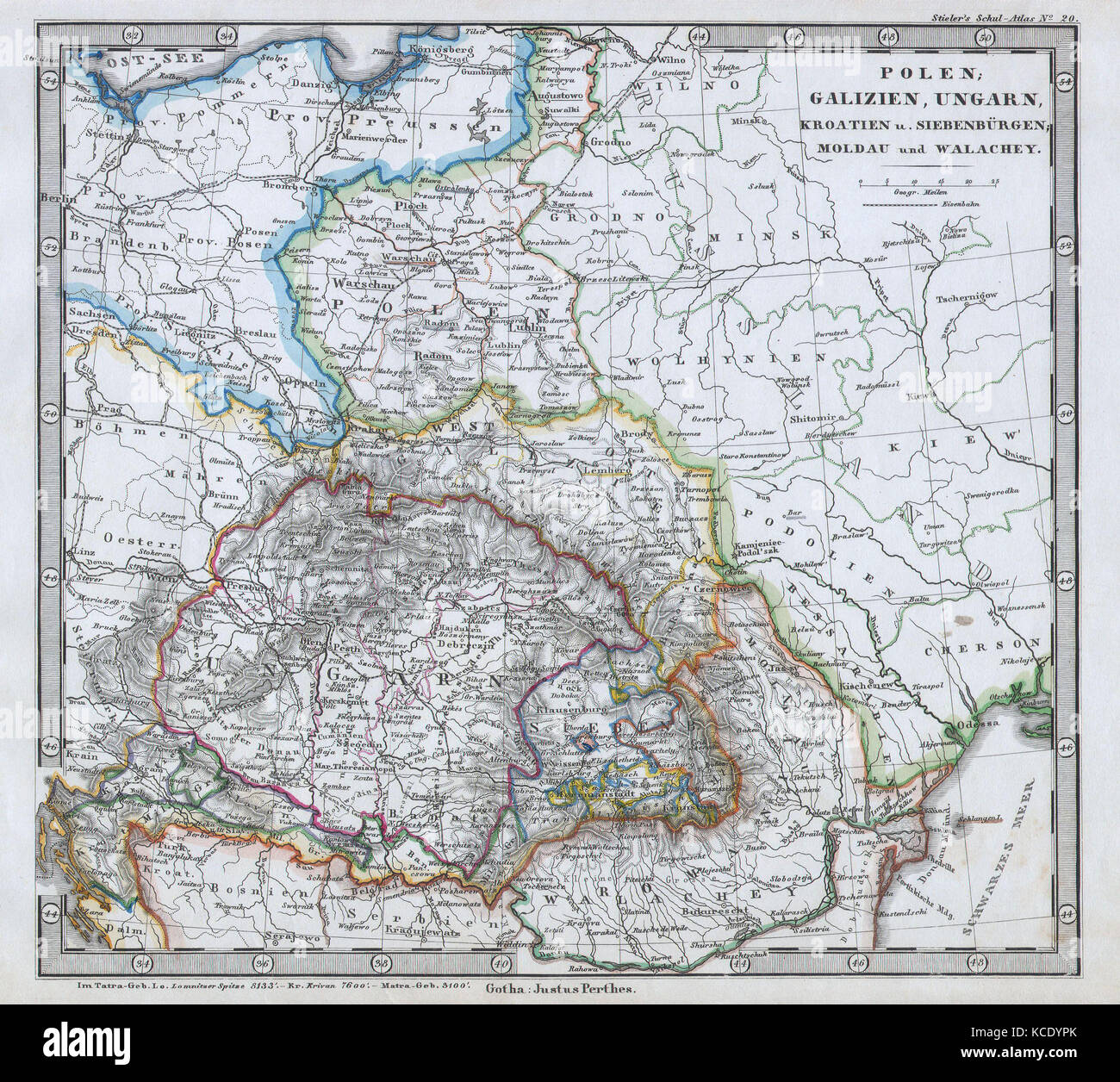 1862, Stieler Map of Poland and Hungary Stock Photo