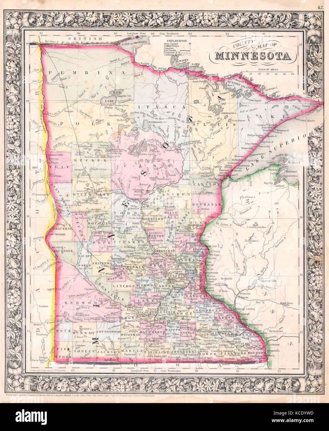 1864, Mitchell Map of Minnesota Stock Photo