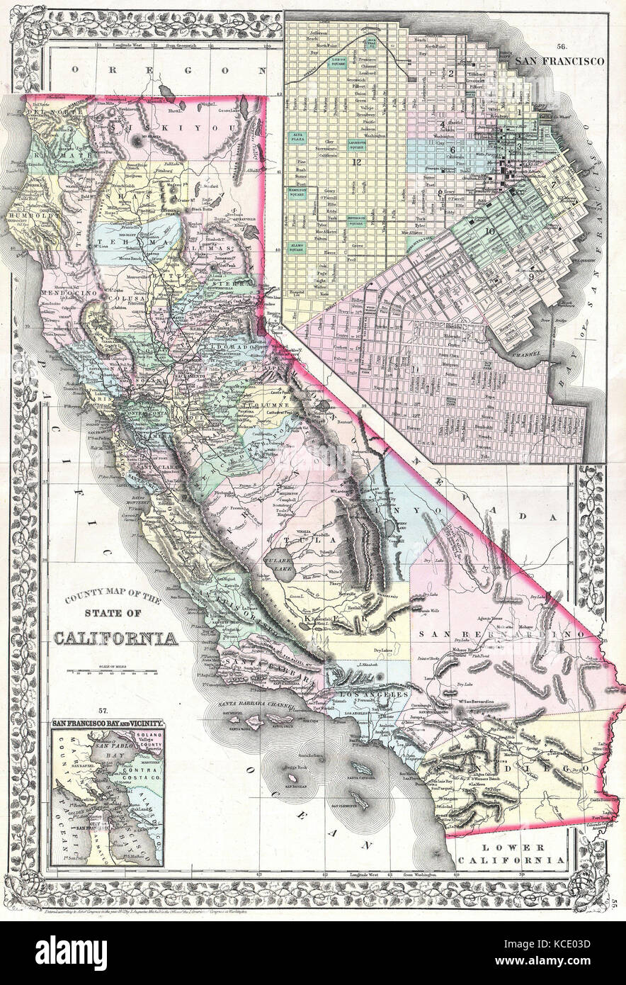 1872, Mitchell Map of California w- San Francisco Inset Stock Photo