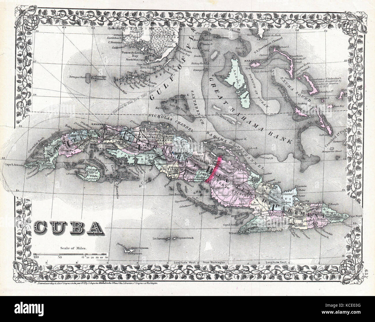 1872, Mitchell Map of Cuba and the Bahamas Stock Photo