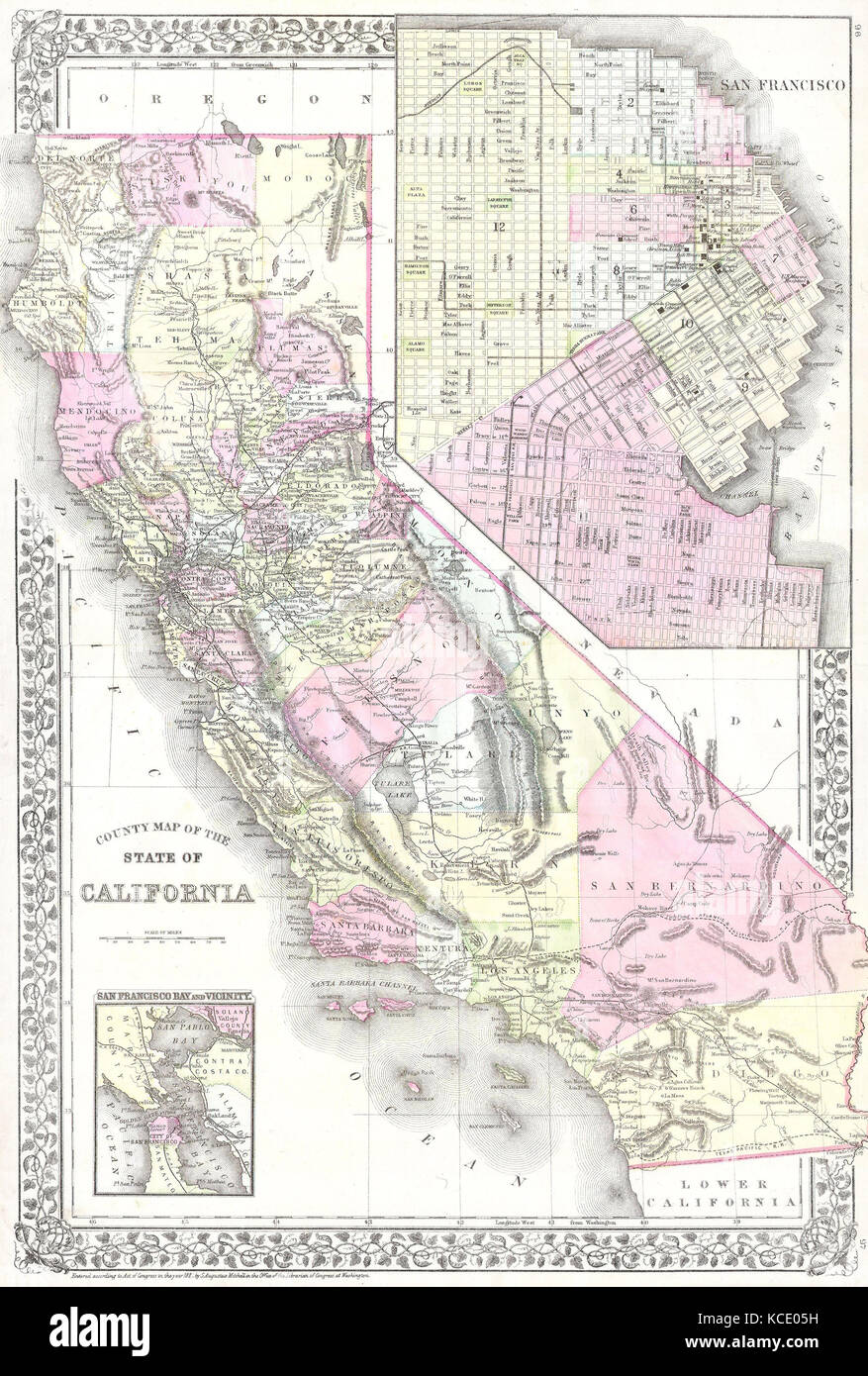 1881, Mitchell Map of California w- San Francisco Inset Stock Photo