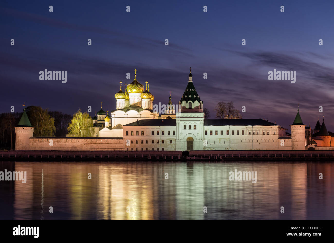 Illuminated Ipatievsky monastery in the evening, view across the river ...