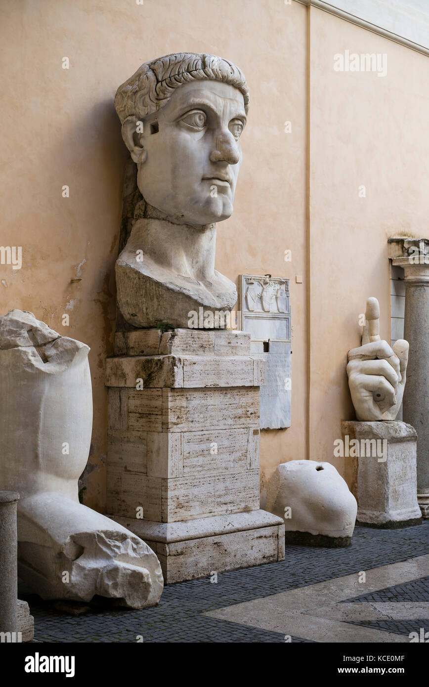 Rome. Italy. Remains of the colossal statue of Roman Emperor Constantine I, The Great (ca. 272-74-337 AD), 313-324 AD, Capitoline Museums. Stock Photo