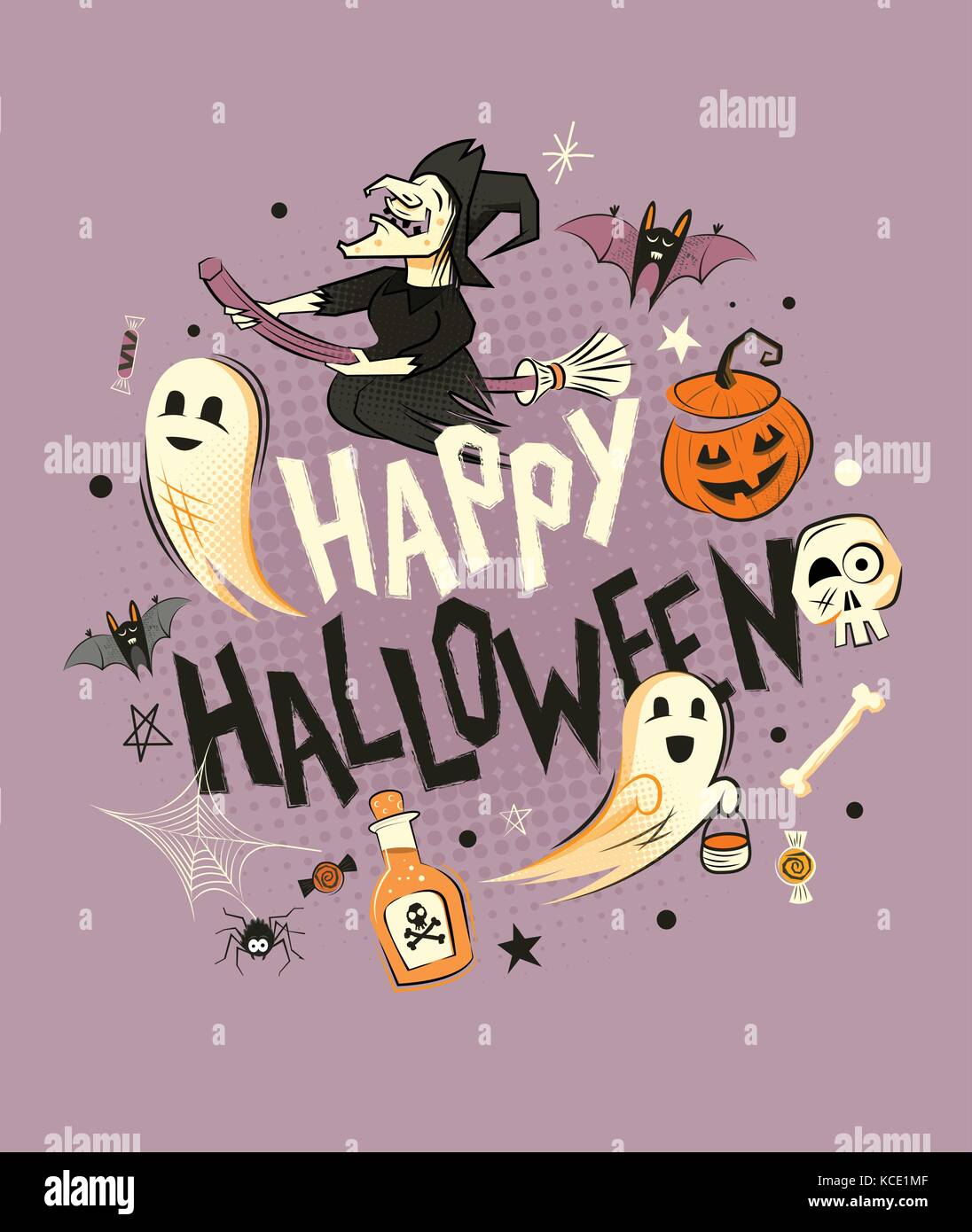 Happy Halloween decorations and fun characters. Vector illustration Stock Vector
