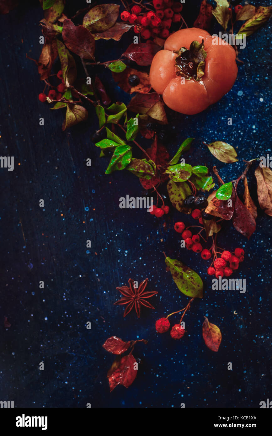 Ripe persimmons on a dark wooden background with autumn leaves, berries and cinnamon. Flat lay with copy space. Fruit in dark food photography. Stock Photo