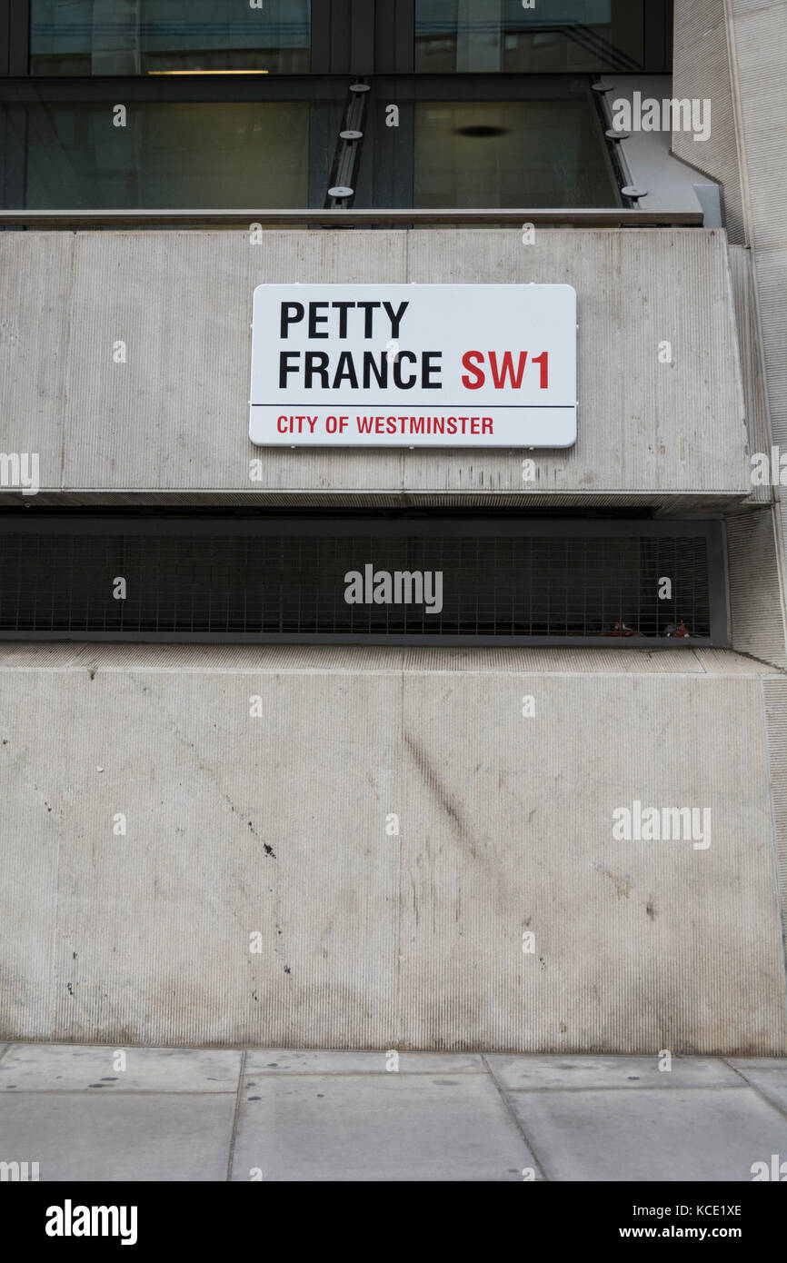 Petty France street sign in Westminster, London, SW1, UK Stock Photo