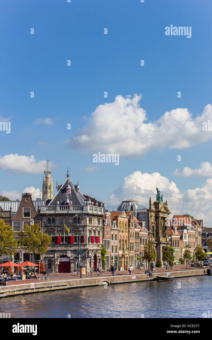 Historic buildings at the Spaarne canal in Haarlem, Netherlands Stock Photo