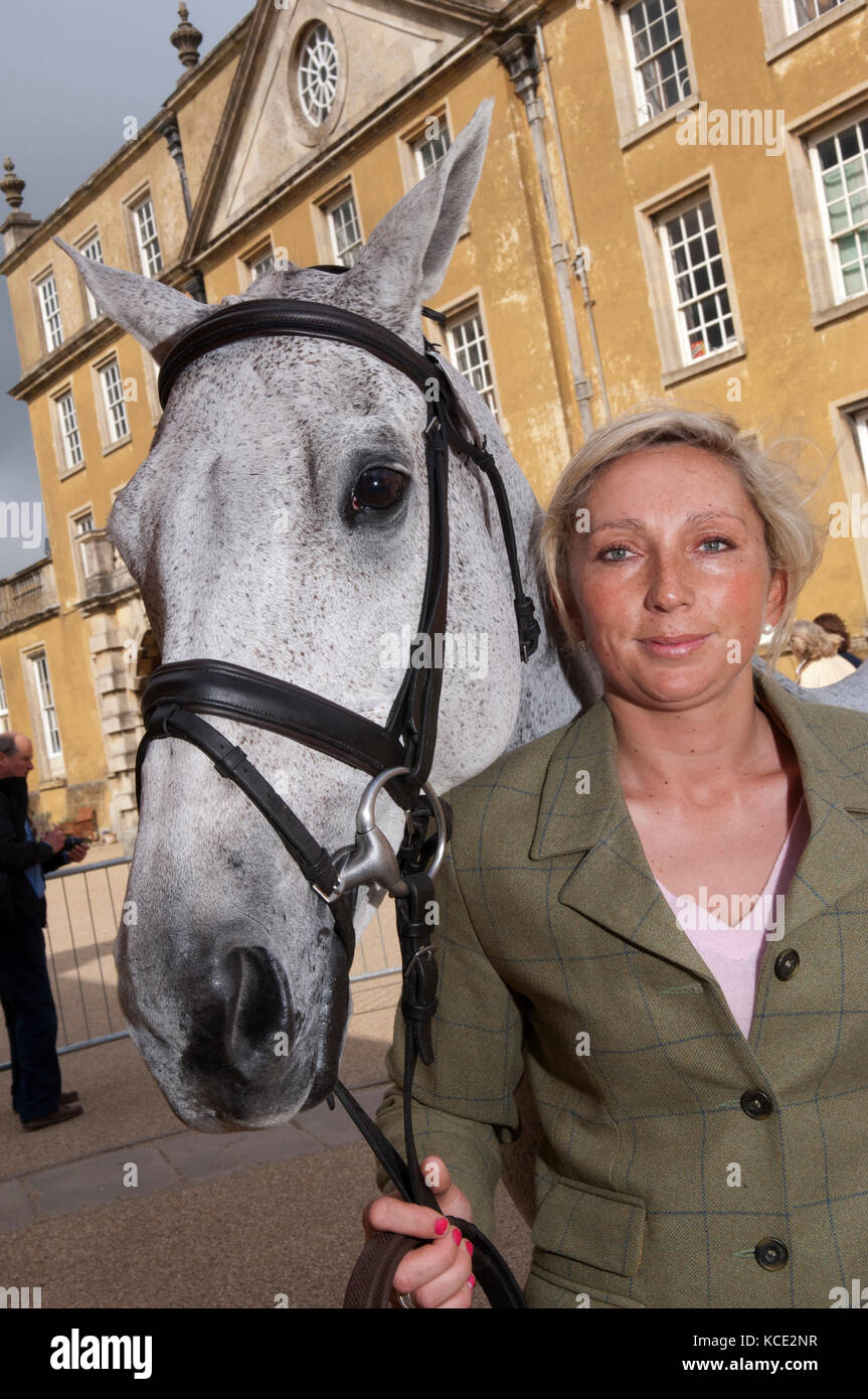 Phoebe Buckley, three day eventer, with her horse 'Frosty' at Badminton Horse Trials. Stock Photo