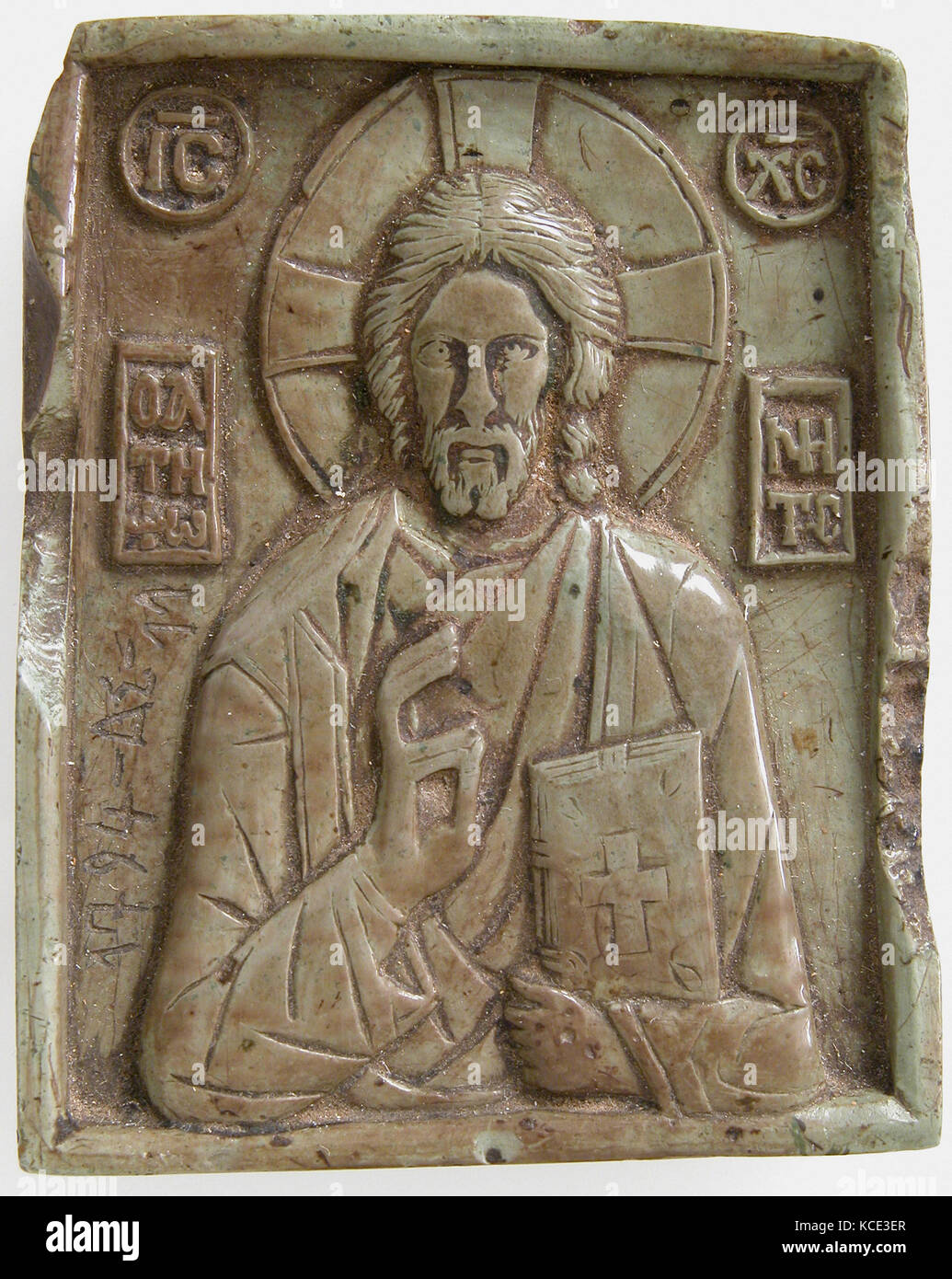 Icon with Christ Pantokrator, ca. 1350 or later, Made in probably Greece, Byzantine, Steatite, green, Overall: 2 5/8 x 2 5/8 x 3 Stock Photo