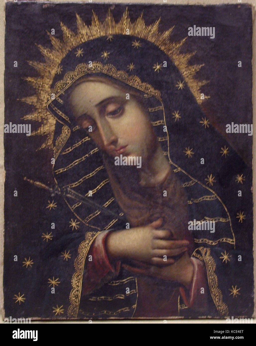 The Sorrowing Virgin, 18th century, Possibly made in Mexico, Spanish Colonial, Oil on canvas, Overall: 10 3/4 x 8 1/2 in. (27.3 Stock Photo