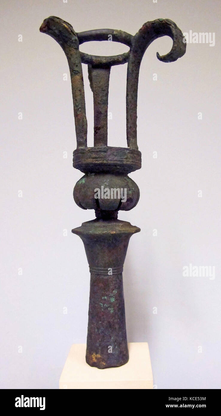 Bronze lampstand, Cypro-Archaic, 6th century B.C., Cypriot, Bronze, 11 1/4in. (28.6cm), Bronzes, Short stem decorated with one Stock Photo