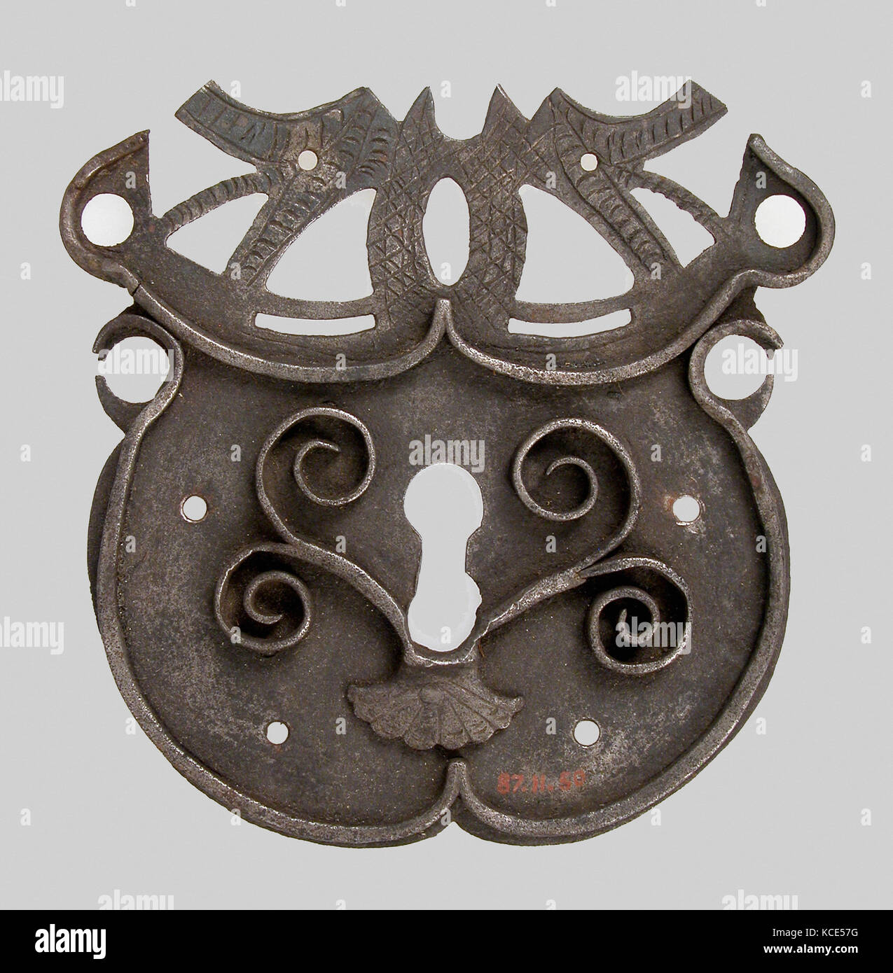 Lock, 16th century, German, Iron, Overall: 4 11/16 x 4 3/4 x 5/16 in. (11.9 x 12 x 0.8 cm), Metalwork-Iron, The decoration of Stock Photo