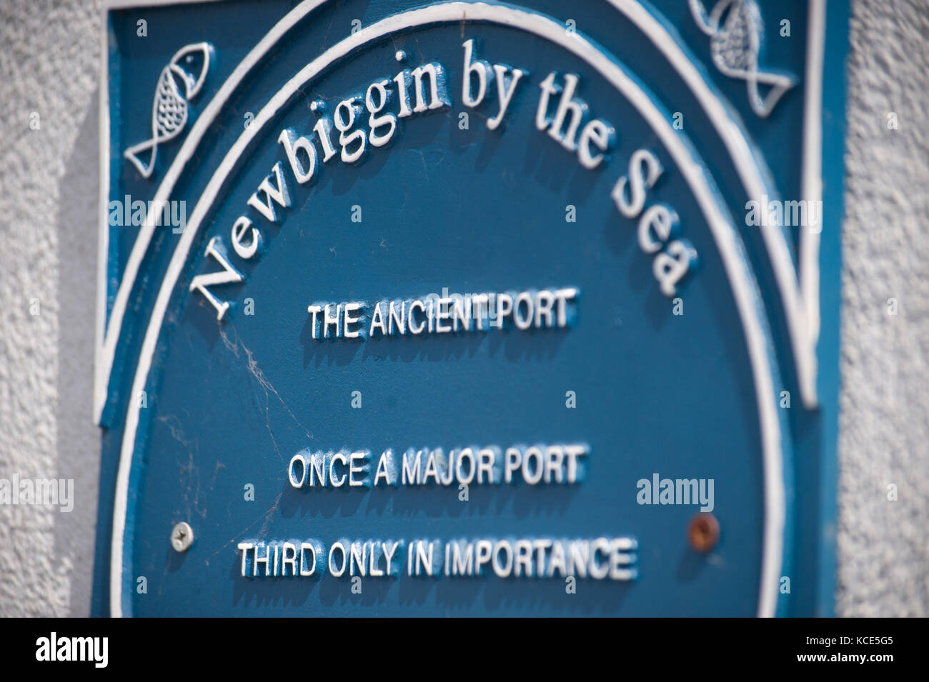 Blue sign commemorating Newbiggin-by-the-Sea, Northumberland Stock Photo