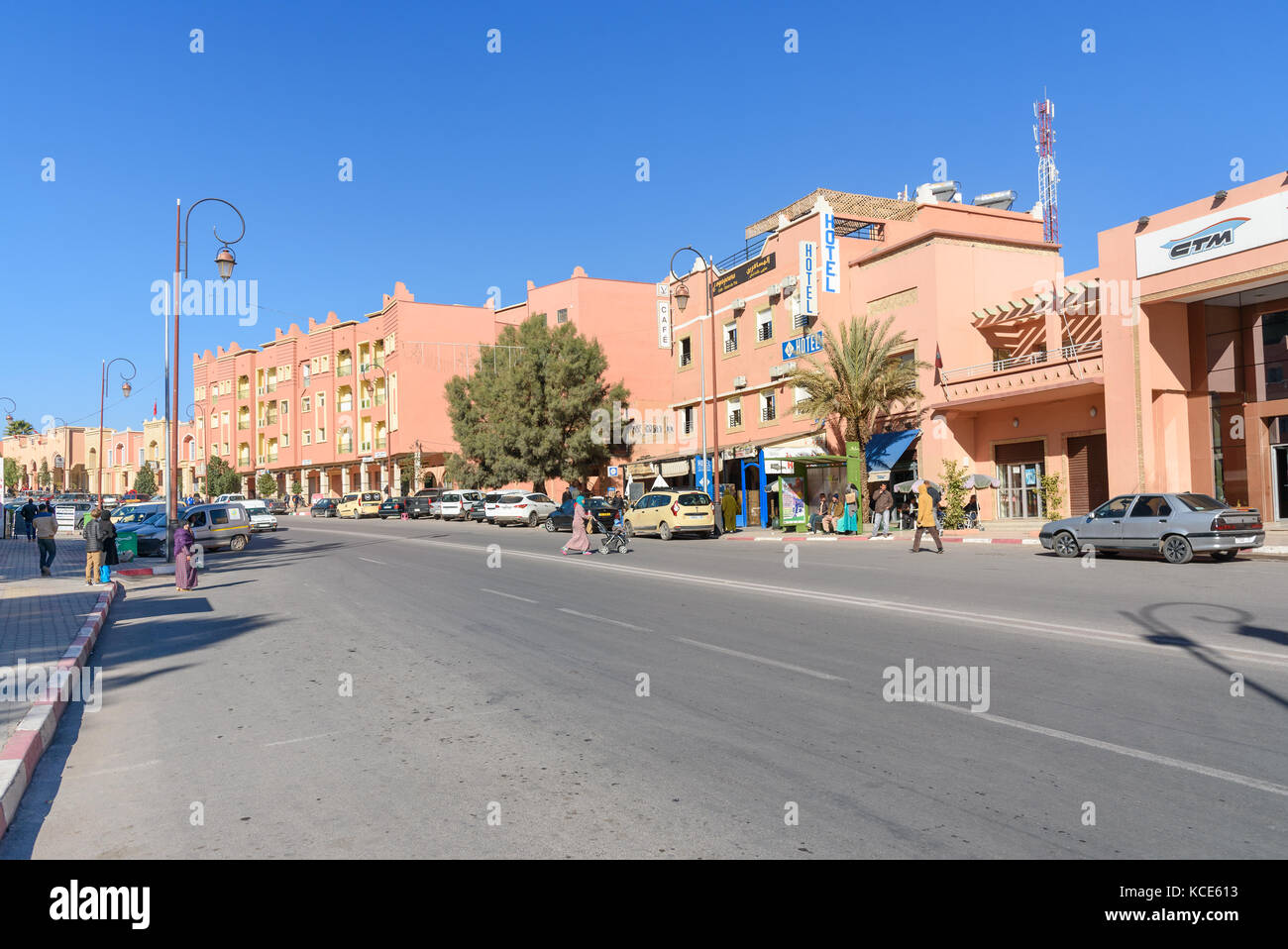 Ouarzazate, Morocco - Jan 4, 2017: View on Avenue Mohammed V. Ouarzazate area is film-making location, where Morocco's biggest studios Stock Photo