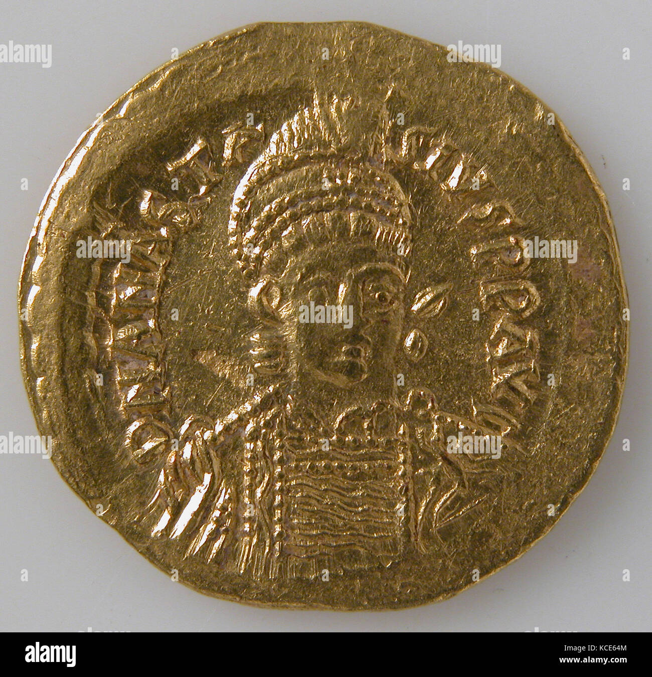 Solidus, 491–518, Made in Constantinople, Byzantine, Gold, Overall: 13/16 x 1/16 in. (2 x 0.1 cm), Coins Stock Photo
