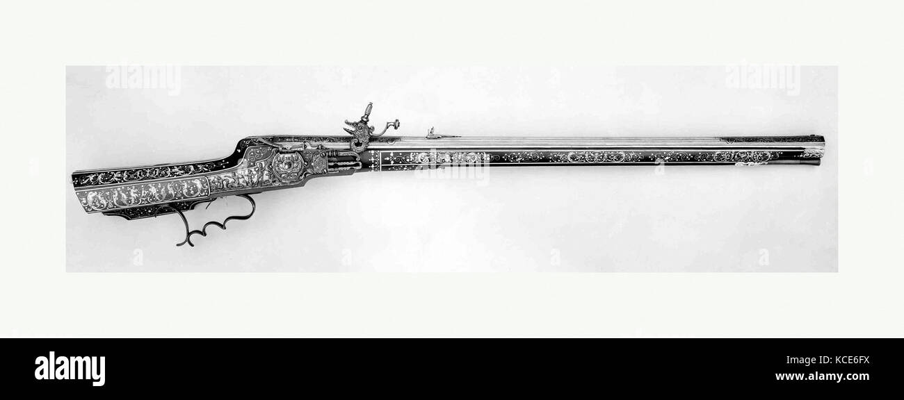 Wheellock Rifle, dated 1668, Munich and Augsburg, German, Munich and Augsburg, Steel, gold, wood (ebony), staghorn, bone, L. 30 Stock Photo