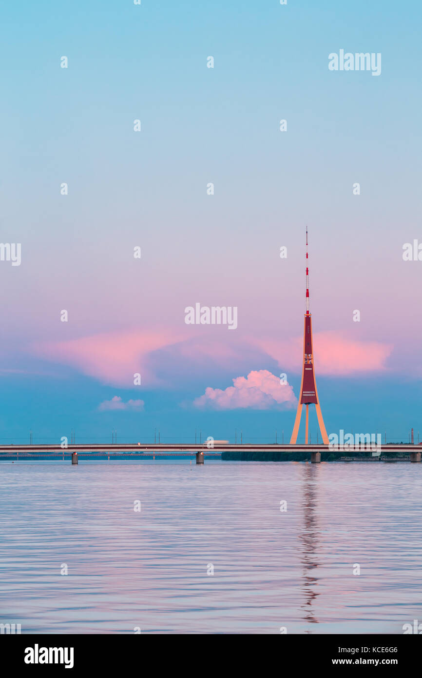Pink Building Riga Riga, Latvia. Famous Landmark Television Tower In Pink Purple Natural ...