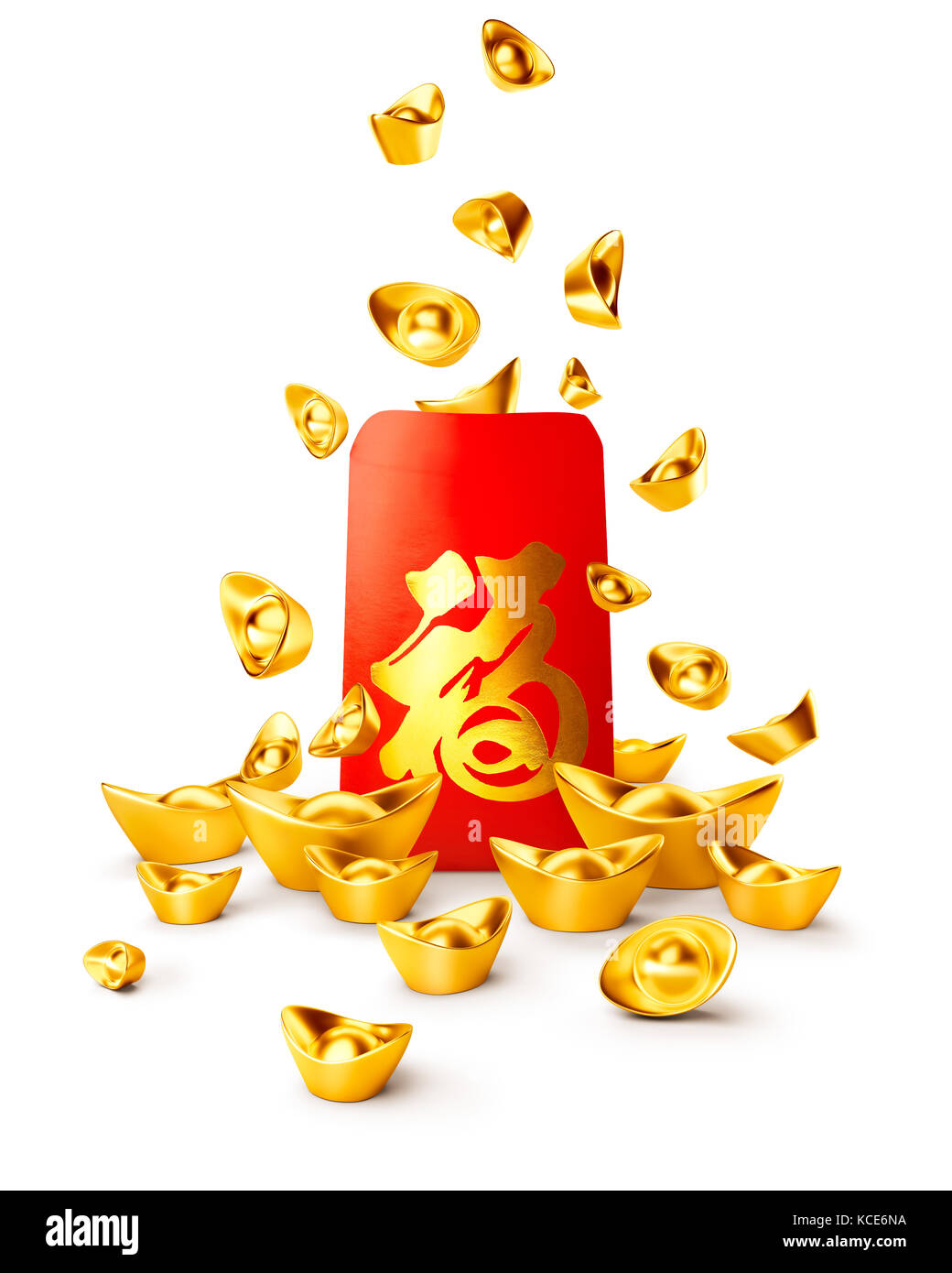Red packet and chinese gold sycee ( yuanbao ) isolated on white, Chinese calligraphy 'FU' (Foreign text means Prosperity) Stock Photo